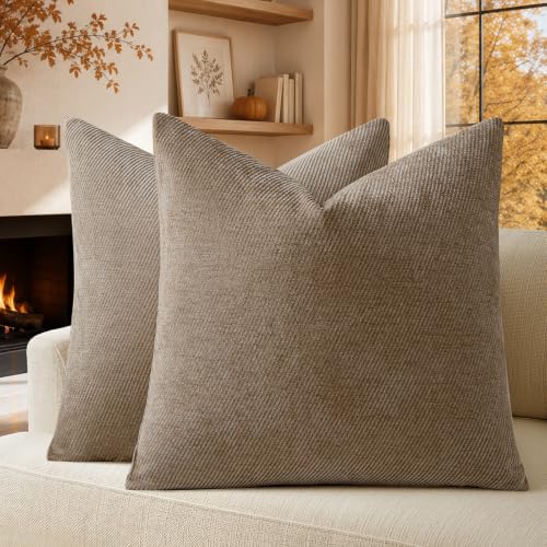 Image of a moment Pack of 2 Decorative Chenille Throw Pillow Covers with Twill Cushion Covers for Sofa Living Room Couch Bed 20x20 Inch Dark Brown