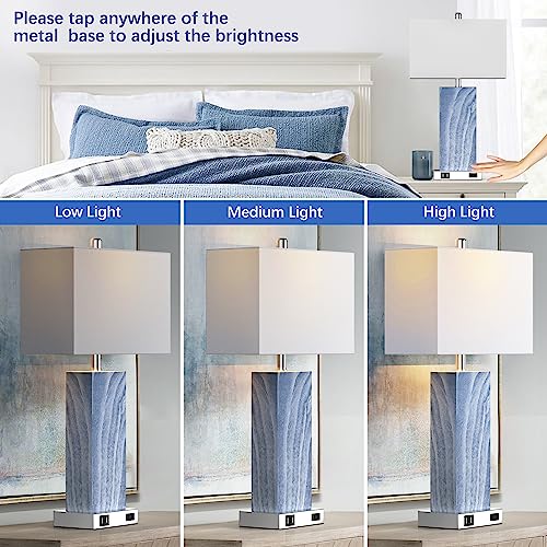 Touch Control Table Lamps with White Fabric Shade Set of 2, 3-Way Dimmable Modern Ceramic Blue Nightstand Bedside Lamp with 2 USB Ports 1 AC Outlet for Living Room, Bedroom (LED Bulbs Included) by PARTPHONER - Used condition - Image 2