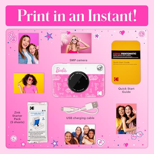 Image of Barbie x Kodak Printomatic Full-Color Instant Print Digital Camera - 5MP Portable Barbie Camera Prints Colorful 2x3 inch Sticky-Back Photos - Signature Style