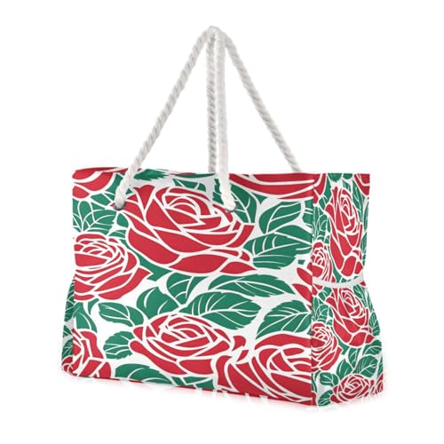 Beach Bag - Large Tote Bags for Women Flower Rose Green Pattern Shoulder Bags Zipper Waterproof Sandproof for Travel Gym Swim Daily