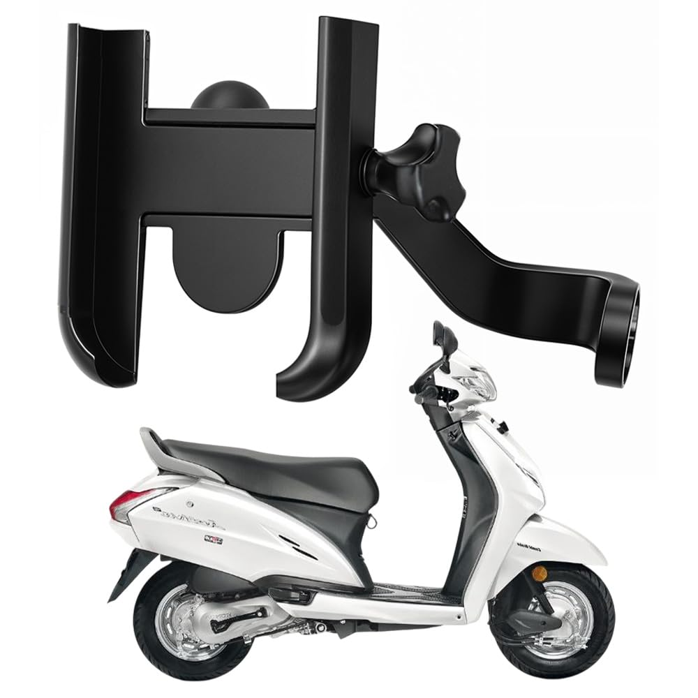 whipone metal cnc mobile holder for scooter, scooty & motorcycle compatible for honda activa 4g, mirror mount, 360° rotation, strong anti-slip grip, wide adjustable fit for all smartphones (black)