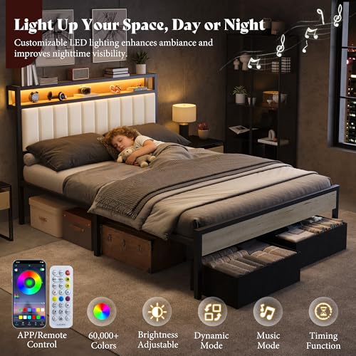 Image of AMERLIFE Queen Bed Frame with LED Light and 2 Storage Drawers, Metal Platform Bed with Storage Headboard, Velvet Upholstered, Heavy-Duty Slats, No Box Spring Needed, Easy Assembly, White