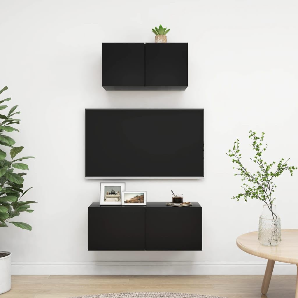 Centros de entretenimiento estables con muebles de TV de madera de ingeniería negra de 2 piezas