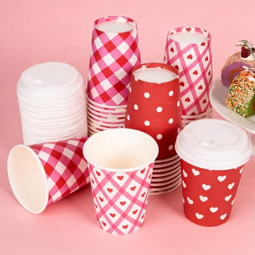 image for Hauwellter 100 Set Valentines Day Cups with Lids 12oz, Bulk Heart Prin