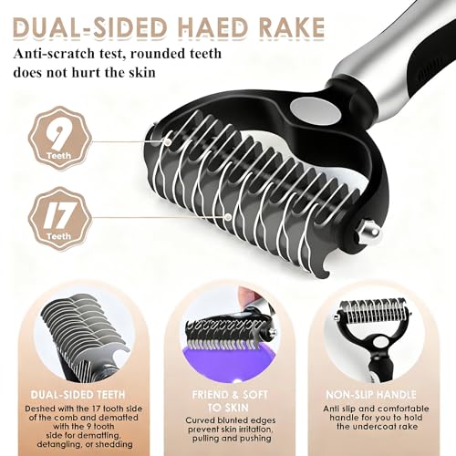 Image of Large Dog 3 in 1 Grooming Kit, Extra Long Pin Dog Slicker Brush | Ideal for Goldendoodles, Poodles; wooden handle; undercoat rake; removing thick mats; tangle deshedding.