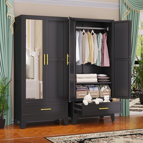 Image of GAIOUS Steel Armoire Wardrobe Closet with Mirror Door and Drawer 71 inch Black
