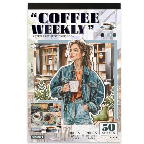 Livre de Stickers Scrapbooking Vintage Café, 30 stickers prédécoupés + 20 papiers scrapbooking, autocollants décoratifs aesthetic pour journaling, bullet journal, carnet, DIY, scrapbooking accessoires