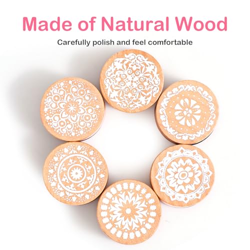 Piriuuo 6 Pcs Wooden Stamps Set, Floral Pattern Rubber Stamp 6 Styles Round Lace Stamps Decorative Server Stamp for Card Making, Scrapbooking and DIY Craft - Thumbnail 4