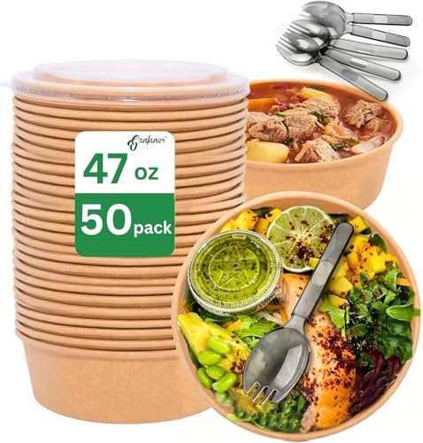 ganfaner 47 OZ Disposable Paper Bowls w/Lids Extra Large 50 Sets, Meal Prep Food Container Box w Lids Sporks, Spill-Proof Salad Bowls To Go Microwave, Perfect for Large Size Food without Bending