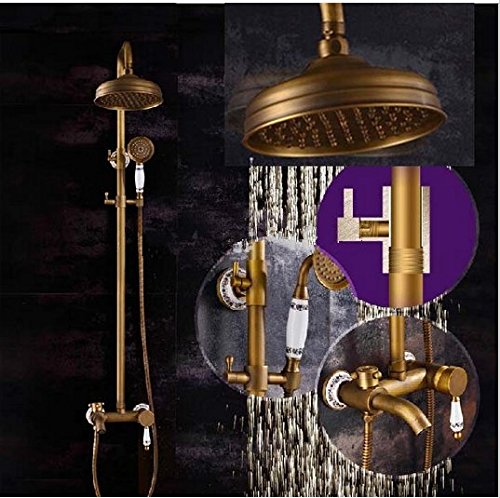 Colonne de douche laiton antique avec pommeau rétro 20,3 cm et base céramique raffinée
