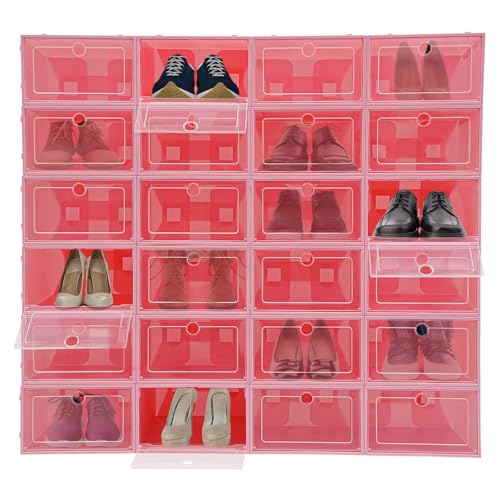 SHONFYVS 24 Pack Shoe Boxes Stackable Shoe Boxes Clear Flip Lid Shoe Boxes Boot Storage Organizer for Homes, Cloakrooms, and More for Storing Flats, Slippers, Casual Shoes(Pink)