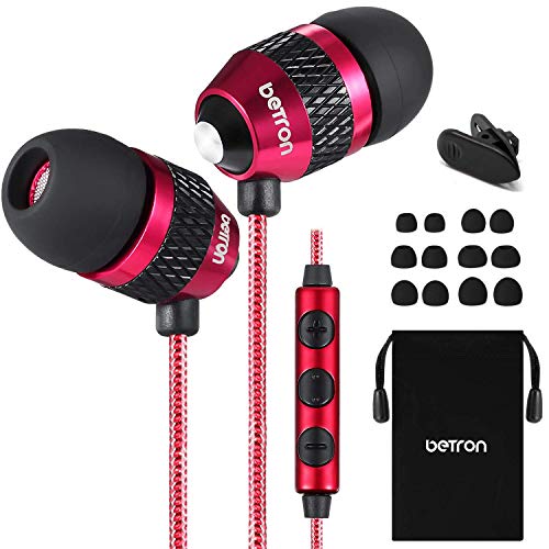 Betron B25 Earphones with Mic and Volume Control, Powerful Bass, Noise Isolating In-Ear Headphones, Replaceable Earbuds, Compatible with iPhone, iPad, Tablets, Samsung Mobile Phones, Red