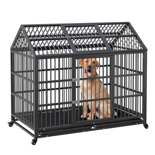 Heavy Duty Dog Crate, Large Metal Dog Kennel with Roof Top, 2 Door Dog Cage House with Removable...