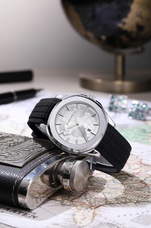 Image of Giordano Stylish World Map Design Analog Watch for Men with Silver Case Round Dial, Textured Silicone Strap, Water Resistant and Date Display Function - GZ-50147