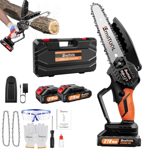 Tronçonneuse électrique sans fil 21 V, 6 ', orange, mini tronçonneuse avec 2 batteries, 2 chaînes, scie à main électrique avec verrou de sécurité, pour jardinage, taille d'arbre, coupe du bois