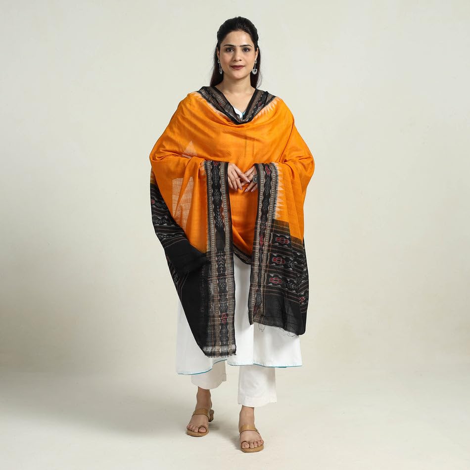 Image of Cotton Dupatta with weaving and Ikat woven border from the Weavers Stole for Girls & Women