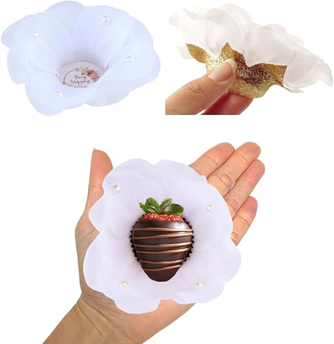 Miniatura 8 de Paquete de 24 envoltorios de trufas de flores de tela de lujo con perlas, recuerdos de boda, mini tazas de postre, Brigadeiro Forminhas Para
