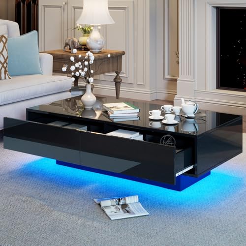 EURHCIO Table Basse Salon Noir 55x115x34 cm,Coffee Table D'appoint,Meuble Bas Rangement avec 2 tiroirs,Éclairage LED et Capacité de Charge de 30 kg,pour...