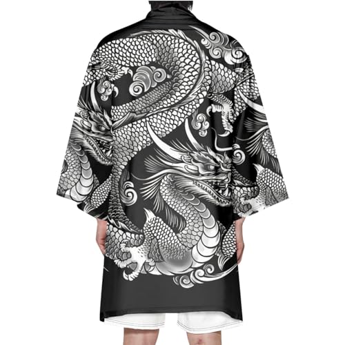 Cárdigan de Kimono Japonés Para Hombre - Bata con Estampado de Dragón de Estilo Chino Cárdigan de Batas Japonesas - Verano,Black-3XL
