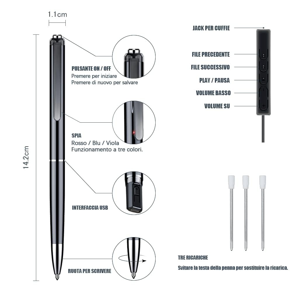 Penna Registratore Vocale 32GB HD - Mini Registratore Portatile Ricaricabile per Conferenze, Riunioni, Interviste & Concerti - Attivazione Vocale & Riproduzione MP3