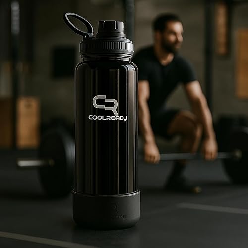 Miniatura 2 de Botella de agua térmica de 40 onzas con aislamiento negro metálico con tapas con sorbete y boquilla, botella térmica de acero inoxidable, boca ancha