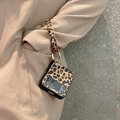 Zelimeri Fashion Leopard Print Cases For Samsung Galaxy Z Flip 4 With Cute Hand Ring Phone Case Leather Hard Protective Cover Compatible With Z Flip 4 5G - Brown #TOP7