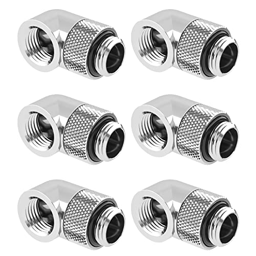 Dracaena 6 pack G1/4\" thread Male to Female Extender Fitting, 90Â° Rotary Fitting Adapter Connector for Computer Water Cooling System, Silver
