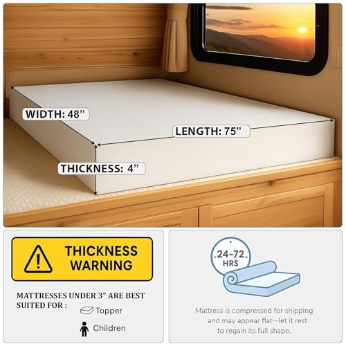 Image of Foamma 4 inch x 48 inch x 75 inch, Firm, Mattress Replacement for RV Bunk, Camper, Truck & Travel Trailer, Back Support, CertiPUR-US Certified, Made in USA, Cover Not Included.