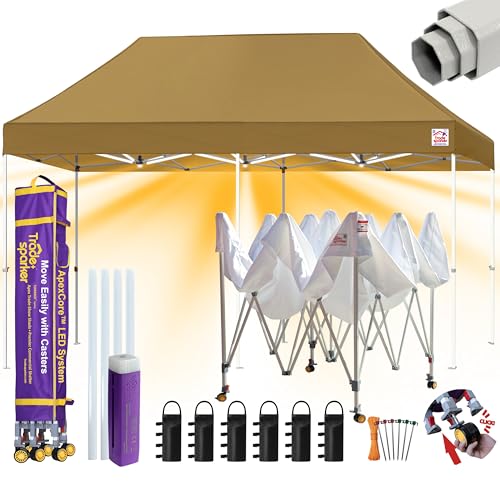 Image of Tradesparker 10x20 Pop Up Canopy Tent,Commercial Movable Canopy with ApexCore LED&Rugged Casters-Instant Easy Setup Shelter Canopies with Weight Bags&Stakes for Outdoor Events Markets Vendors,Khaki