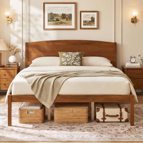 Image of GIANTEX Queen Size Wooden Bed Frame w /Curved Headboard, Wood Slat Support | Farmhouse Platform Bed w /Heavy Duty Mattress Foundation, Under-Bed Storage Space, No Box Spring Needed, Easy Assembly