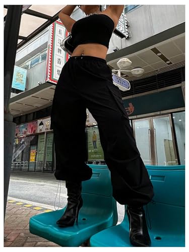 Verdusa Women's Plus Size Cargo Pants Drawstring High Waist Flap Pocket Loose Trousers3