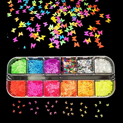 12 Colors Butterfly Nail Art Glitter Sequins, 3D Fluorescent Ultra-Thin Laser Butterfly Sequins, Laser Nail Art Flake Acrylic Paillettes