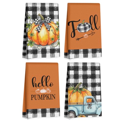 4 Pcs Hello Pumpkin Fall Kitchen Towels, Truck Soft Absorbent Tea Hand Towel, Microfiber Dish Cloths for Drying Dishes, Fall Waffle Dish Towels for Kitchen Bathroom Home, Autumn Gifts for Women Mom
