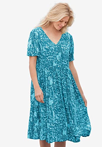 Woman Within Women's Plus Size Woven Button Front Crinkle Dress - 3X, Deep Teal Leaves Blue #TOP3