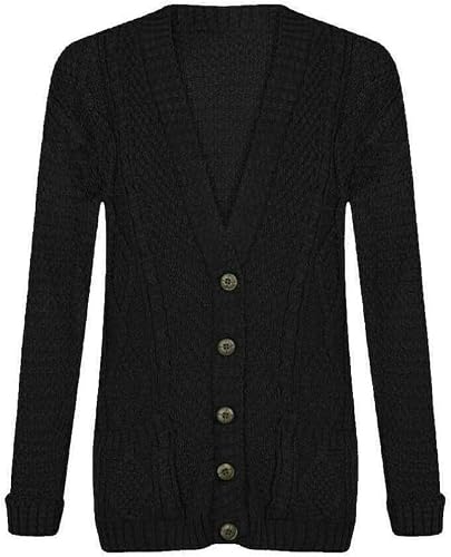 Image of OutfitsbySMILE Women's Ladies Long Sleeve Button Top Chunky Aran Cable Knitted Grandad Cardigan Black UK Size 12/14