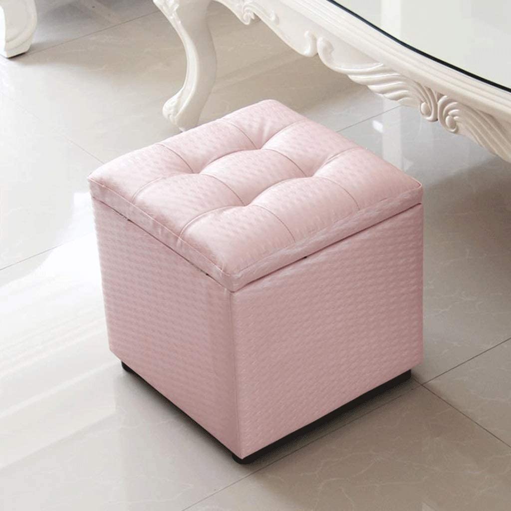 Tabouret ottoman de rangement grand coffre rose en cuir PU stable