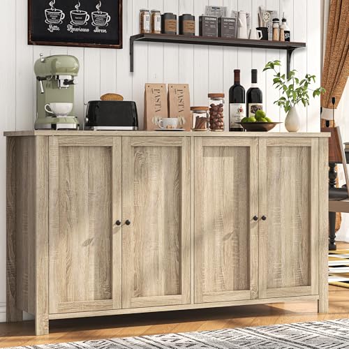 knoworld Buffet Cabinet with Storage Farmhouse Buffet Sideboard with 4 Doors, 55'' Large Kitchen Storage Cabinet Wood Coffee Bar Buffet Table for Kitchen, Dining Room, Entryway