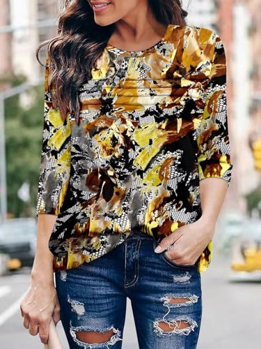 KISSMODA Women's Casual 3/4 Sleeve T-Shirts Round Neck Cute Tunic Tops Basic/Pleated Summer Tops Trendy Spring Blouses