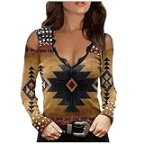 Damen Casual T-Shirt Damen Spitze bedrucktes lässiges sexy V Ausschnitt Sling Langarm Top sexy Tops Damen bauchfrei wanderhemd Damen Kurzarm Baseball t Shirt Damen #05-Braun M