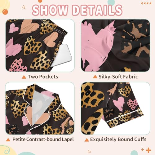 senya Leopard Heart Satin Summer Pajama Sets Silk Short Sleeve Button Down Sleepwear3