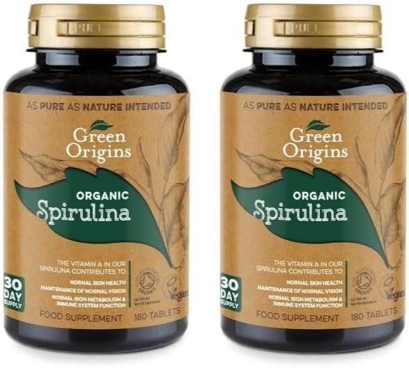 Green Origins Organic Spirulina Tablets 500mg, Pack of 180 x 2 Individual Bottles, Total 360 Tablets