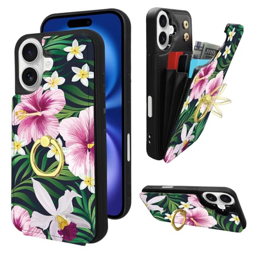 Étui iPhone 16 portefeuille vert floral porte-cartes protection RFID 15.5 cm