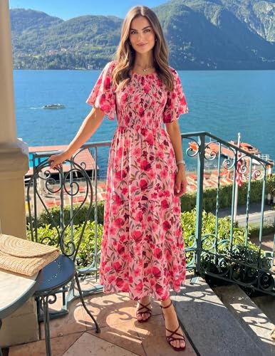 Image of ZESICA Women's 2026 Summer Boho Floral Maxi Dresses Casual Short Flutter Sleeve Smocked Tiered Flowy Dress