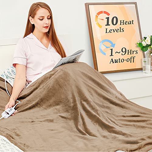 Mia&Coco Manta eléctrica con calefacción de Franela Sherpa de Calentamiento rápido de 180 x 130 cm, 10 Niveles de Calor y Temporizador de Apagado automático de hasta 9 Horas, Certificado ETL, Caqui