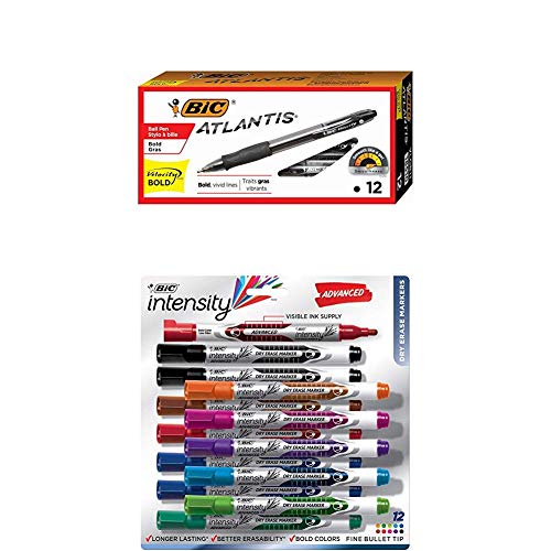 BIC VLGB11-Blk Velocity Bold Retractable Ball Pen, Bold Point (1.6mm), Black, 12-Count and Intensity Advanced Dry Erase Marker, Fine Bullet Tip, Assorted Colors, 12-Count