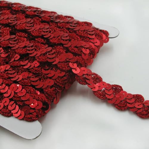 CNFQ Glänzendes Paillettenband Glitzer Applikation 15MM Bekleidungszubehör S-förmig Paillette Trim Gewelltes Elastische Pailletten für Bühnenkostüme (Rot, 25M)