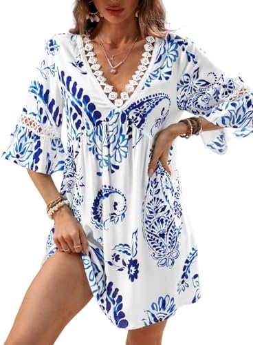 CUPSHE Women's Paisley Lace Trim V-Neck 3/4 Sleeve Cover Up Dress