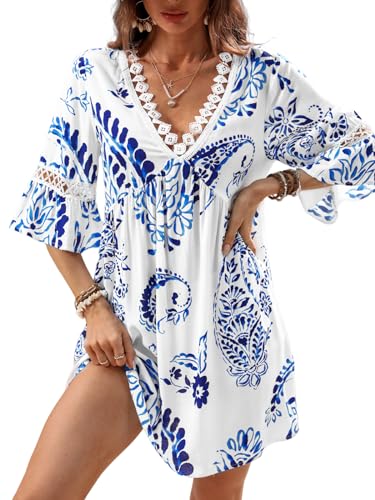 CUPSHE Damen Sommerkleid Spitze V-Ausschnitt Paisley Strandkleid 3/4 Ärmel Rüschen A-Linie Freizeitkleider Mini Dress Blau L