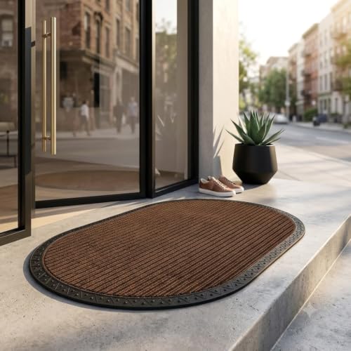 Image of Heavy Duty Front Door Mat 60 x 100 cm, Outdoor Indoor Welcome Mat, Non Slip Dirt Trapper Entrance Rug for Entryway, Patio & Porch,Washable Low Profile Foot Mat (Brown Oval 2 x 3.2 feet)