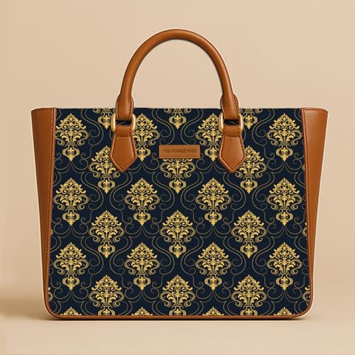 Image of The Purple Tree Handcrafted Women's Tote Bag with Vegan Leather Handles & Indian Prints, Shoulder Tote Bag and Handbag for Office and College (Pack of 1)
